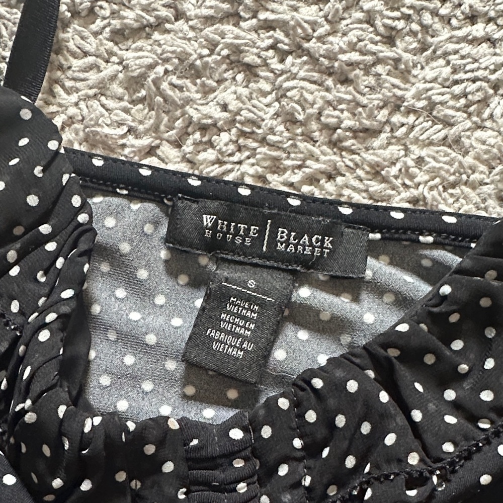 White House Black Market Black with White Polka Dot Ruched Cami - Picture 2 of 4